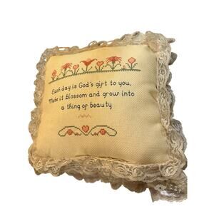 Handmade 10”x10” Cream Cross-Stitched “Every Day is a Gift” Pillow Lace Trim